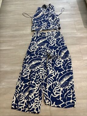 Rose & Olive Blue and White Tropical Print Wide-Leg Jumpsuit